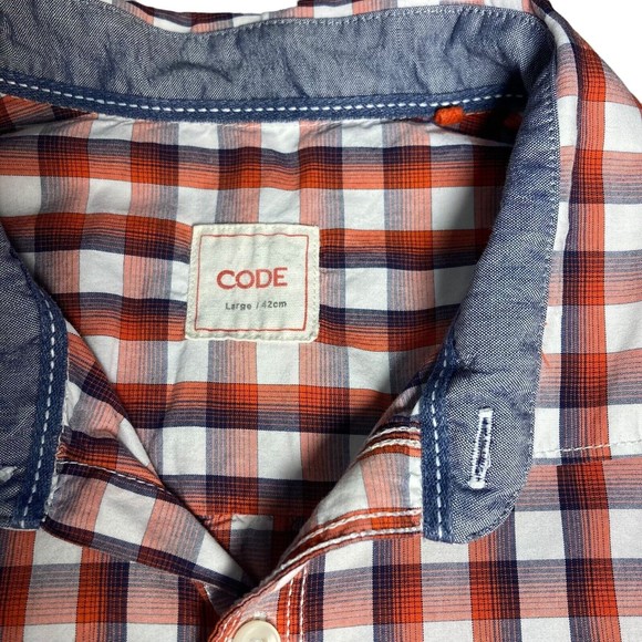 CODE men's L 42cm button down short sleeve gingham blue red white 100% cotton - Picture 3 of 11